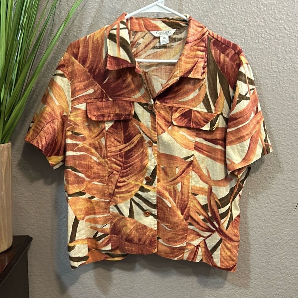 #577 Conrad C vintage linen, tropical short sleeve button-down top size 16